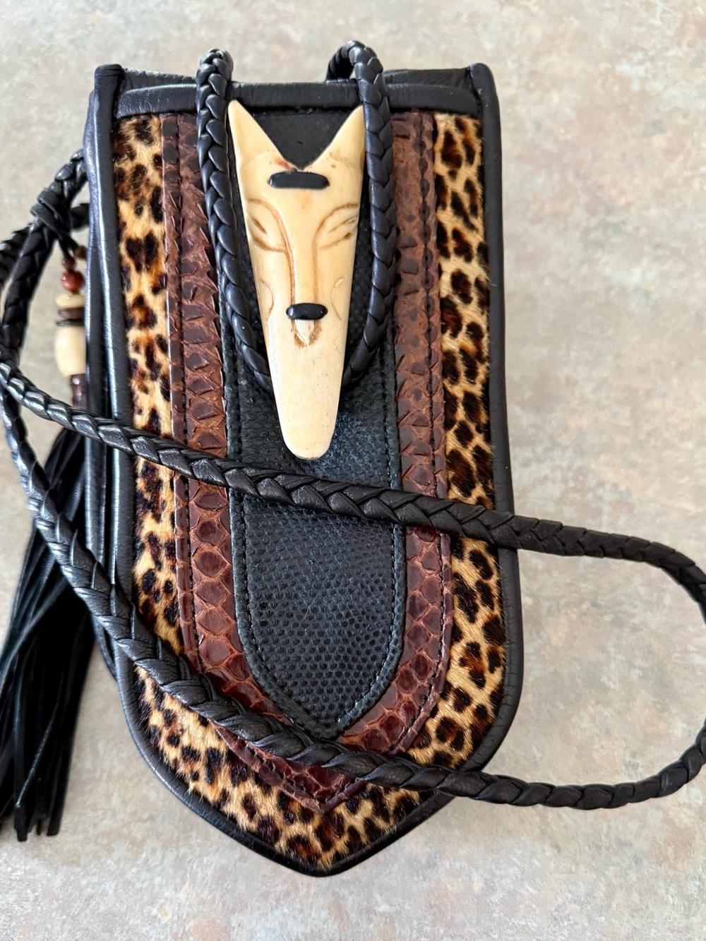 Leopard Print Crossbody Bag with Carved Bone Accent